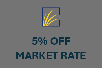 A black background with a green triangle logo and text that reads "5% OFF MARKET RATE".