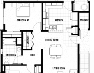 Floor Plan 2 bed 1 bath 923 sf
