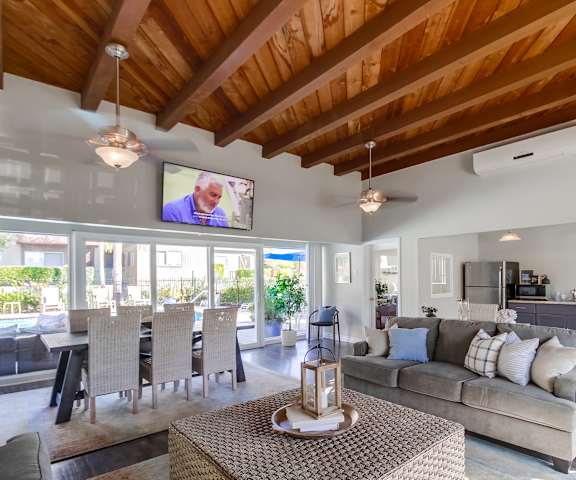 a living room with a couch and a table