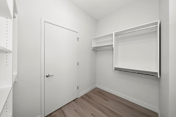 A white closet with a door and shelves.