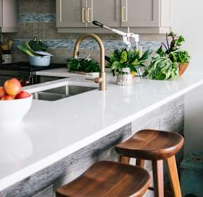 A kitchen with a sink, stove, and potted plants.