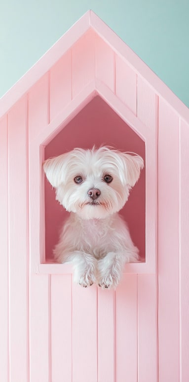 a small white dog in a pink dog house at SevenO2 Main Apartments, Salt Lake City, UT, 84101