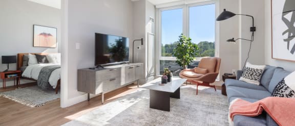 a living room with a couch and a coffee table and a television at Continuum, White Plains, 10606