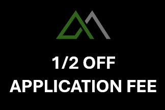 A dark blue background with the text "1/2 OFF APPLICATION FEE" and a logo with the letters "PP".