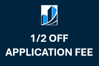 A logo with the text "1/2 OFF APPLICATION FEE" in front of it.