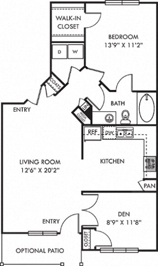 Grayson Grayson + Den. 1 bedroom apartment. Den room. Large kitchen. 1 full bathroom. Walk-in closet. Patio/balcony.