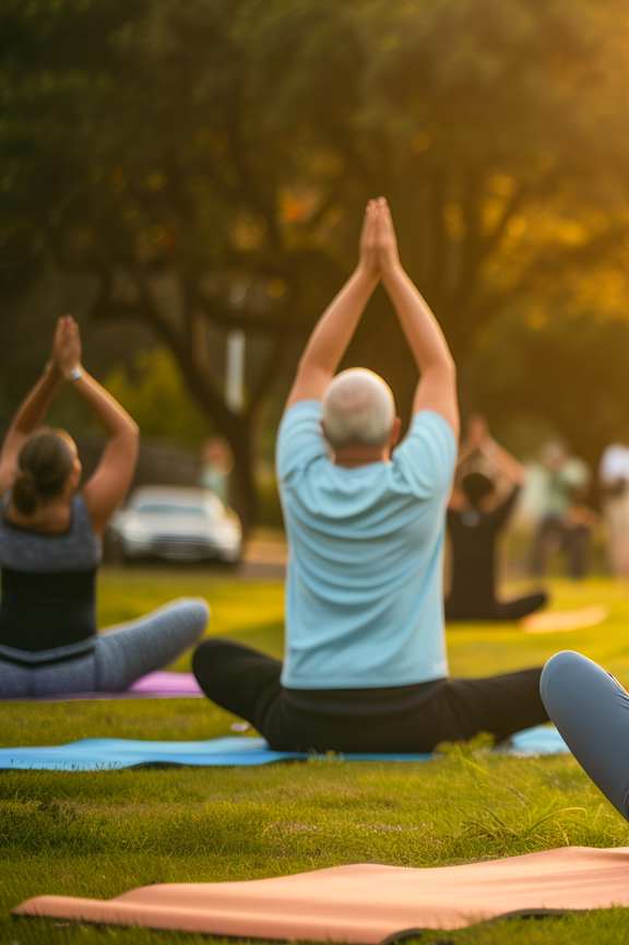 A group of people practicing yoga in a park during sunset.