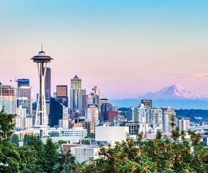 A cityscape with a mountain in the background.