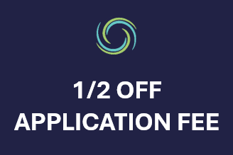 A dark blue sign with a speaker icon and the words "1/2 OFF APPLICATION FEE".