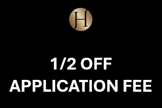 Black background with a blue square and the words 1/2 OFF APPLICATION FEE at Highview Pointe, Louisville
