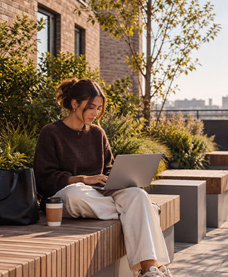 A woman is sitting on a bench using a laptop.