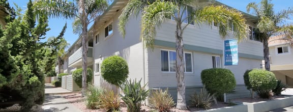 a white house with palm trees in front of it