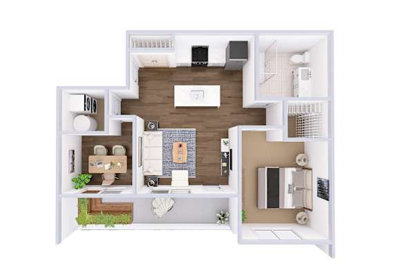 A 3D floor plan of a house with a kitchen, living room, and bathroom.