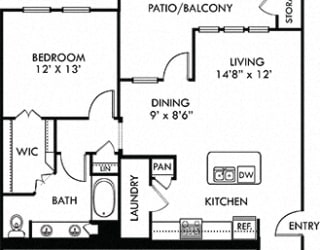 Angelina with Attached Garage. 1 bedroom apartment. Kitchen with island open to living/dinning rooms. 1 full bathroom with double vanity. Walk-in closet. Patio/balcony.