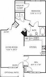 Lyndon + Den. 1 bedroom apartment. Den room. Large kitchen. 1 full bathroom. Walk-in closet. Patio/balcony.