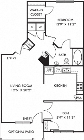 Lyndon &#x2B; Den. 1 bedroom apartment. Den room. Large kitchen. 1 full bathroom. Walk-in closet. Patio/balcony.