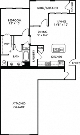 Angelina with Attached Garage. 1 bedroom apartment. Kitchen with island open to living/dinning rooms. 1 full bathroom with double vanity. Walk-in closet. Patio/balcony.
