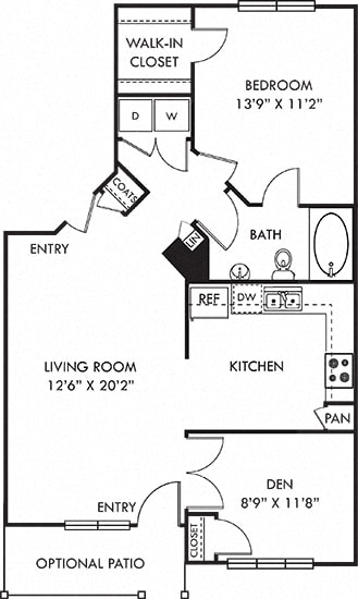 Lyndon + Den. 1 bedroom apartment. Den room. Large kitchen. 1 full bathroom. Walk-in closet. Patio/balcony.