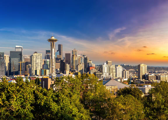 a city skyline with the skyline and the space needle at sunset