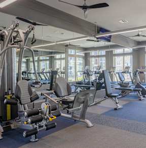 a gym with cardio equipment and weights