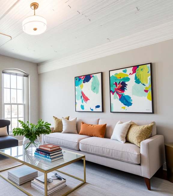 Living Room with white couch at Wheelhouse Lofts, Dayton, Ohio