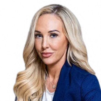 a woman with long blonde hair wearing a blue jacket