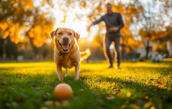 A dog is running towards a ball in a park.