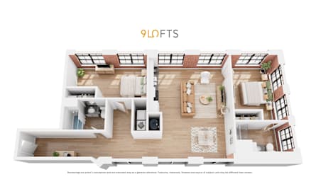 A 95 lofts floor plan with a kitchen, living room, and bedrooms.