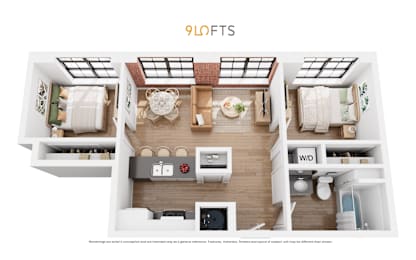 A 90-degree view of a 2-Bedroom / 2 Bathroom apartment layout.