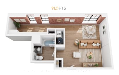 A 9 lofts apartment layout with a living room, kitchen, and bedrooms.