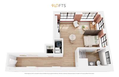 A floor plan of a 9 lofts apartment with a kitchen, living room and bedroom.