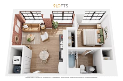 A 9 Lofts interior design layout with various furniture and decor.