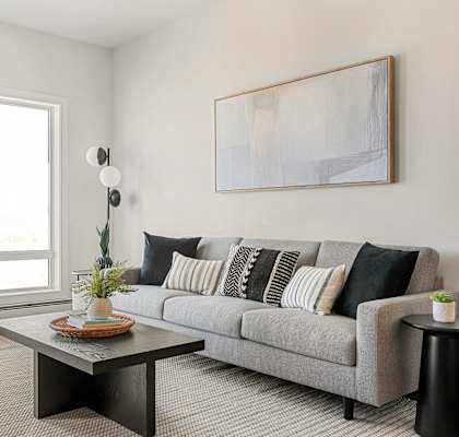 a living room with a gray couch and a coffee table
