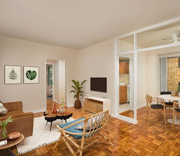 A living room with a brown chair and a brown couch.