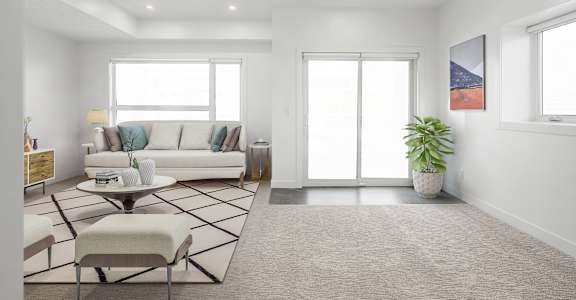 A living room with a white couch, a coffee table, and a potted plant.