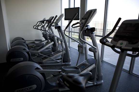 A row of treadmills in a gym with a window in the background.