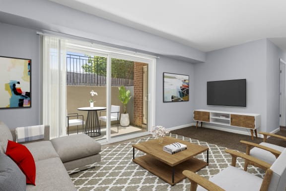 a rendering of a living room with a sliding glass door that leads to a patio