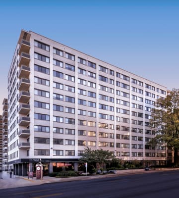 exterior view of Colesville Towers apartments in Silver Spring MD at dusk