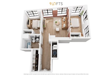 A 9 lofts apartment layout with a living room, dining room, kitchen, and bathrooms.