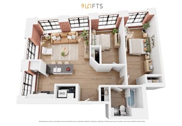 A 95 lofts floor plan with 2 Bedrooms / 1 Bathrooms