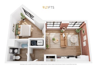 A 90-degree floor plan of a home with a living room, dining room, kitchen, and bathroom.