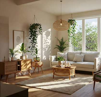 A living room with a white sofa, wooden furniture, and plants.