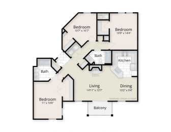 3 Bedroom Floor Plan at The Residences at King Farm, Maryland