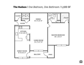 1 bed 1 bath The Hudson Floor Plan at Cascades Overlook Apts., Owings Mills, MD, 21117