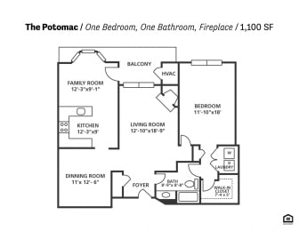 1 bed 1 bath The Potomac Floor Plan at Cascades Overlook Apts., Maryland, 21117