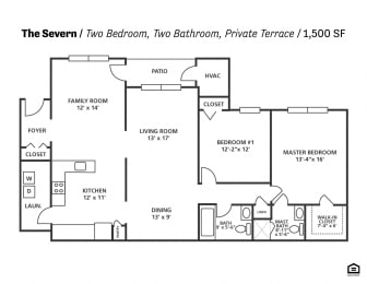 2 bed 2 bath The Severn Floor Plan at Cascades Overlook Apts., Owings Mills, Maryland