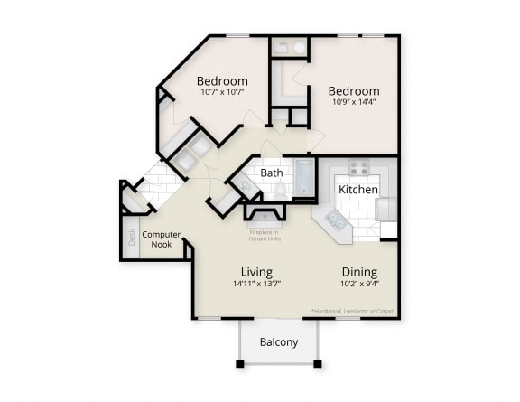 Floor Plan  2 Bedroom 2 Bathroom Floor Plan at The Residences at King Farm, Rockville