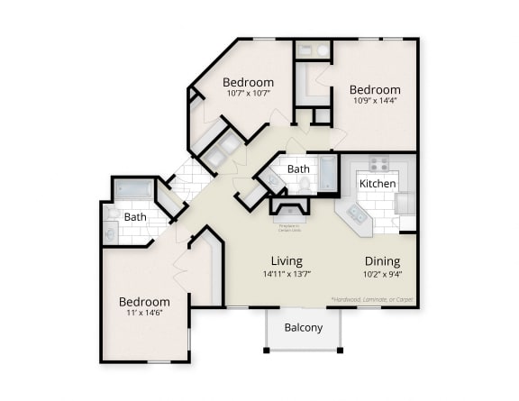 Floor Plan  3 Bedroom Floor Plan at The Residences at King Farm, Maryland
