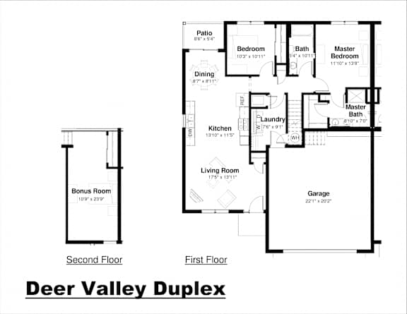 3 bed 2 bath Duplex Floor plan at Deer Valley Villas Apartments, Silvis 61282