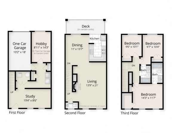 Three Bedroom Townhome Floor Plan with Garage at The Residences at King Farm, Rockville, MD